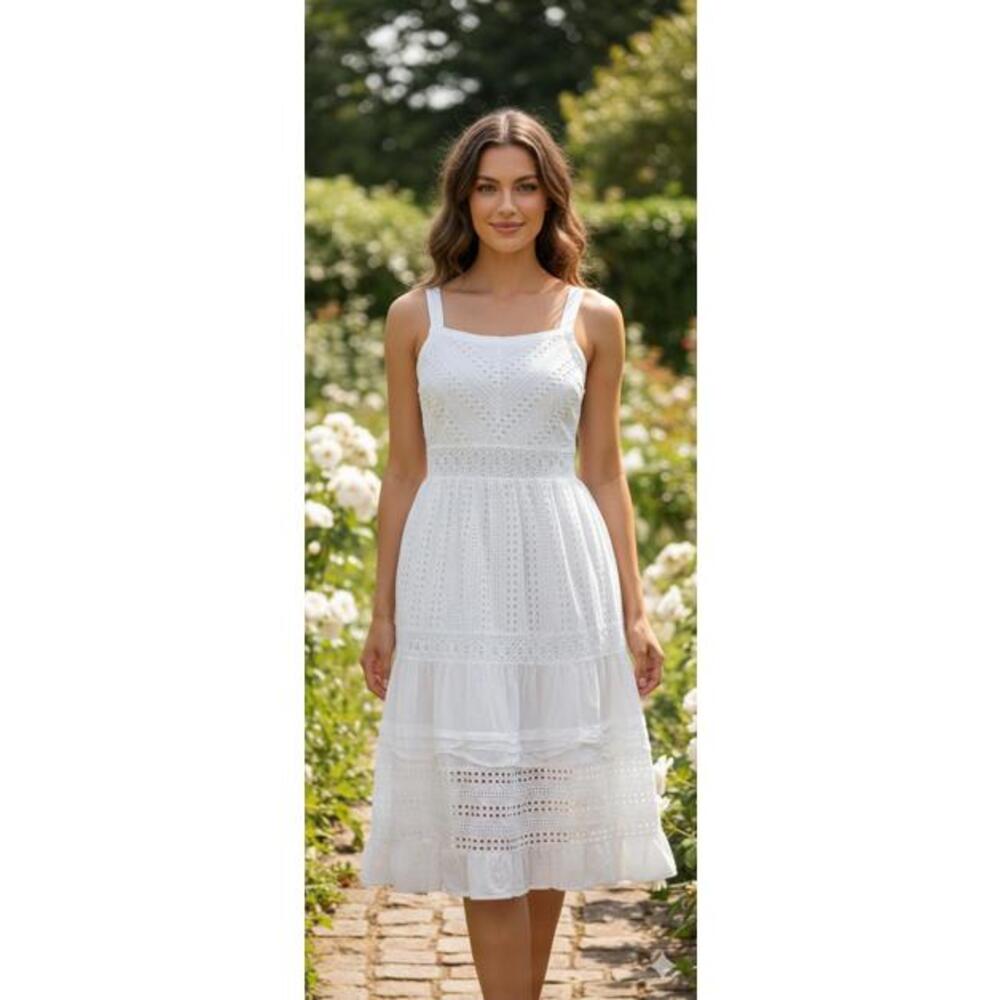 Skies Are Blue - White Eyelet Tiered Cotton Midi Sundress - S